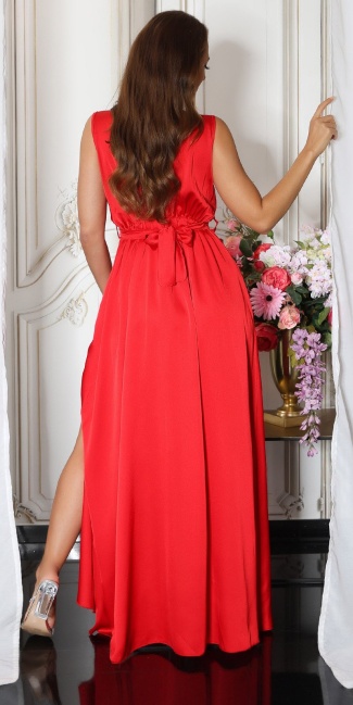 Maxi jurk satijn look met glitter riem rood